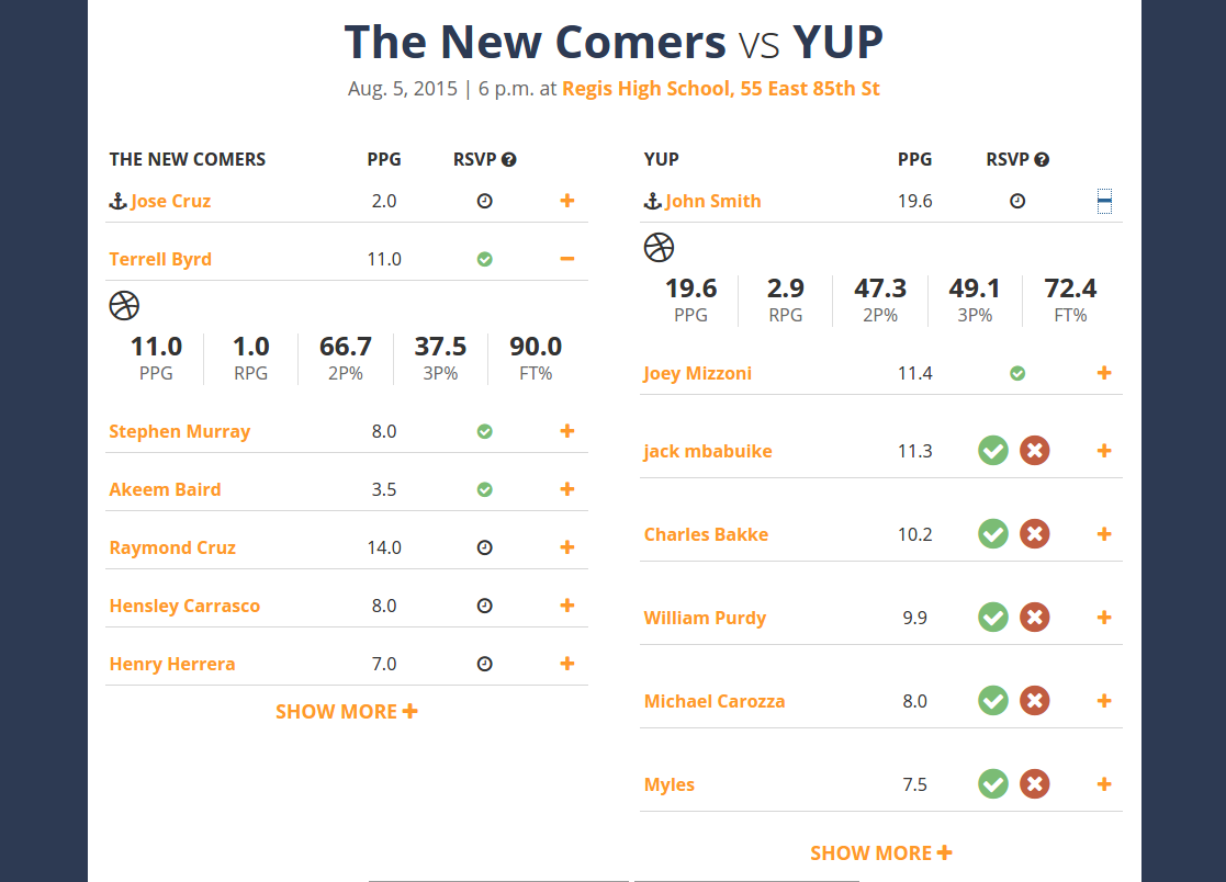 Demo of RSVP Matchup